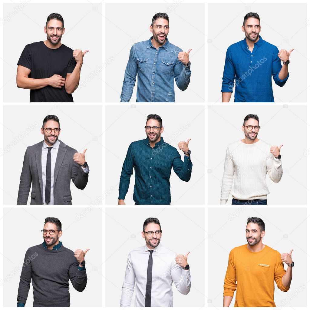 Collage of handsome man over isolated background smiling with happy face looking and pointing to the side with thumb up.