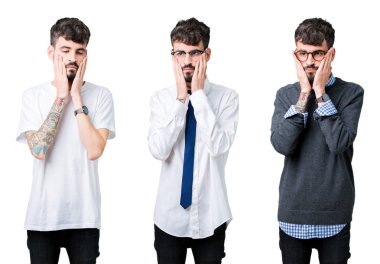 Yüz, depresyon ve üzüntü, üzgün ve sorun için tahriş kapsayan izole arka plan yorgun eller genç adam kolaj