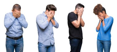 Grup Genç ve orta yaş insanların üzgün ifadeyle yüz eller ile ağlayarak süre kapsayan kolaj. Depresyon kavramı.