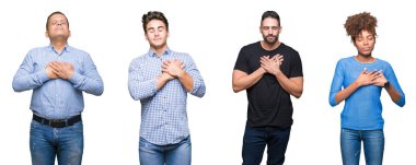 Kolaj bir grup genç ve orta yaş insanlar ile gülümseyen gözlerin kapalı ve yüzünde minnettar jest ile göğüs üzerinde eller. Sağlık kavramı.