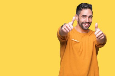 Yakışıklı delikanlı el ile pozitif jest yapıyor onaylama izole arka plan üzerinde başparmak gülümseyen ve başarı için mutlu. Kamera, kazanan jest arıyorsunuz.