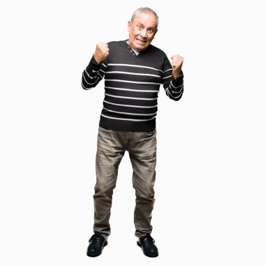 Kış kutlama çizgili süveter giymiş yakışıklı komuta sizde şaşırttı ve başarı için kaldırdı kollarını açarak hayret ve gözleri açık. Kazanan kavramı.