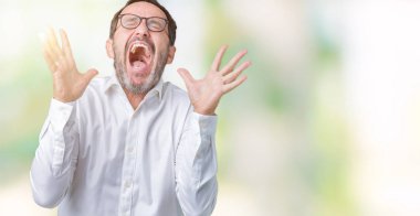 Kızgın ve silah ile başarı için deli izole arka plan kutluyor üzerinde gözlük takan yakışıklı orta yaş zarif üst düzey iş adamı kaldırdı ve heyecanlı çığlık gözler kapalı. Kazanan kavramı