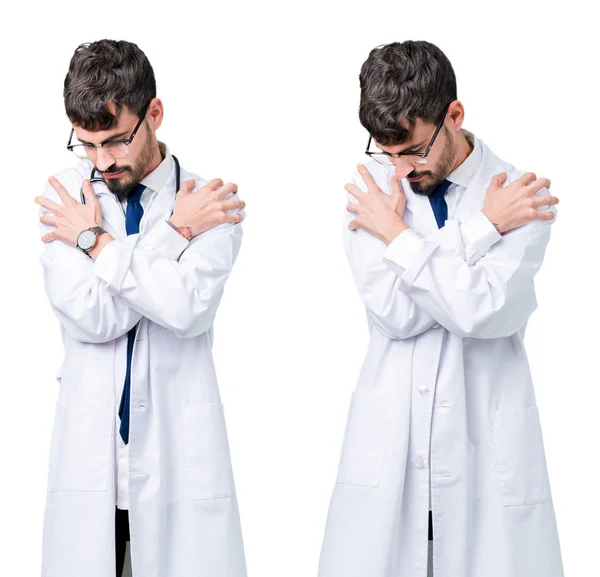 Collage Young Doctor Man Wearing Medical Coat Hugging Oneself Happy — Stock Photo, Image