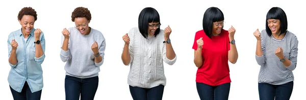 非洲裔美国妇女与非洲头发在孤立的背景非常高兴和兴奋做优胜者手势与胳膊举起 微笑和尖叫为成功 庆祝理念 — 图库照片