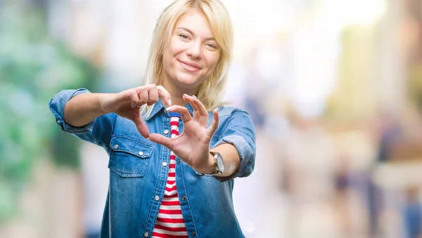 Young Beautiful Blonde Woman Wearing Denim Jacket Isolated Background Smiling — Stock Photo, Image