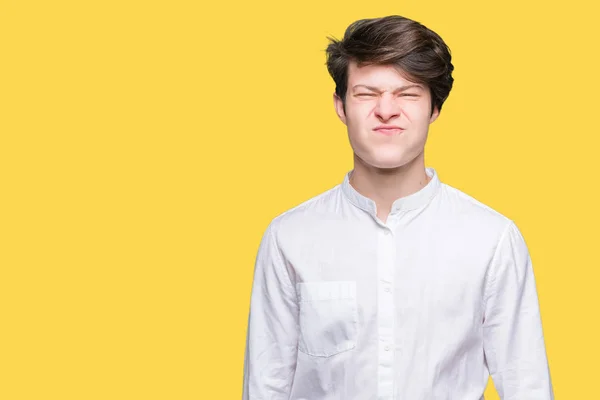 Joven Hombre Negocios Guapo Sobre Fondo Aislado Hinchando Mejillas Con —  Fotos de Stock