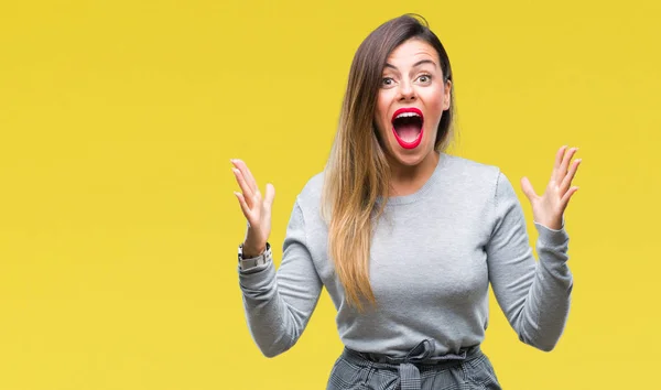 Giovane Bella Operaia Donna Affari Sfondo Isolato Celebrando Pazzo Stupito — Foto Stock