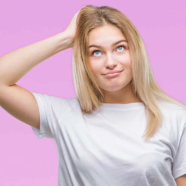 Young Caucasian Woman Isolated Background Confuse Wonder Question Uncertain Doubt — Stock Photo, Image