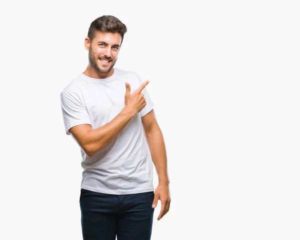 Young Handsome Man Isolated Background Cheerful Smile Face Pointing Hand — Stock Photo, Image