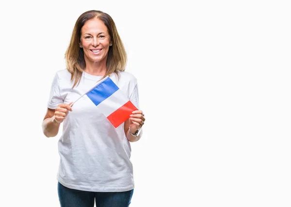 Mujer Hispana Mediana Edad Sosteniendo Bandera Francia Sobre Fondo Aislado — Foto de Stock