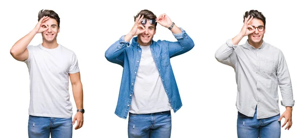 Collage Young Handsome Man Isolated Background Doing Gesture Hand Smiling — Stock Photo, Image