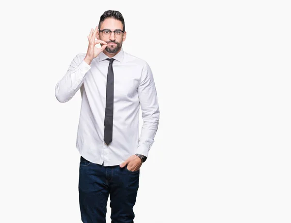 Joven Hombre Negocios Guapo Con Gafas Sobre Fondo Aislado Boca — Foto de Stock