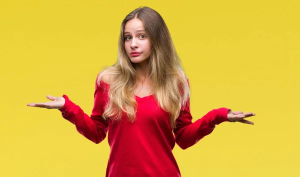 Jonge Mooie Blonde Vrouw Dragen Rode Trui Geïsoleerde Achtergrond Clueless — Stockfoto