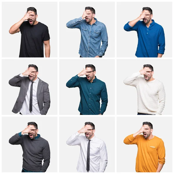 Collage Hombre Guapo Sobre Fondo Aislado Asomándose Shock Cubriendo Cara — Foto de Stock