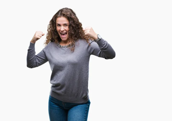 Mooie Brunette Krullend Haar Jong Meisje Dragen Een Trui Geïsoleerde — Stockfoto