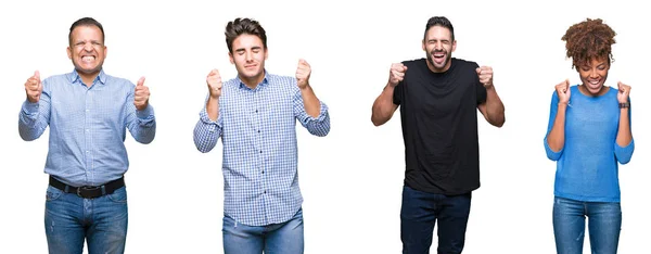 Collage Grupo Jóvenes Personas Mediana Edad Emocionados Por Éxito Con —  Fotos de Stock