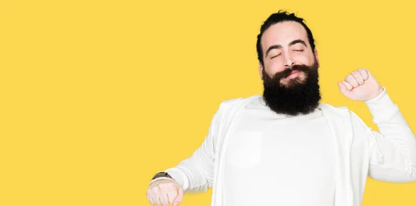 Young Hipster Man Long Hair Beard Wearing Sporty Sweatshirt Stretching — Stock Photo, Image