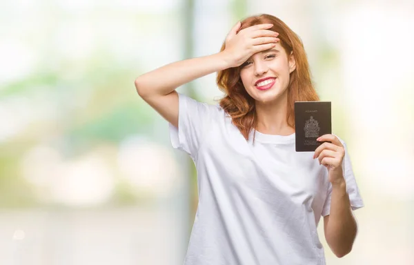 Jovem Bela Mulher Segurando Passaporte Canadá Sobre Fundo Isolado Estressado — Fotografia de Stock