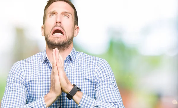 Handsome Business Man Blue Eyes Begging Praying Hands Together Hope — Stock Photo, Image