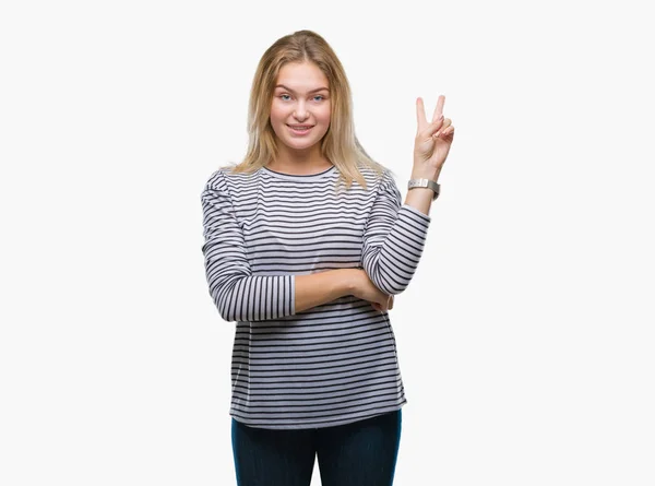 Mujer Caucásica Joven Sobre Fondo Aislado Sonriendo Con Cara Feliz — Foto de Stock