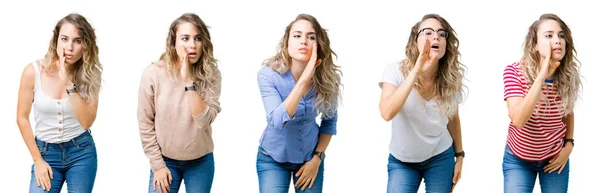 Collage Von Jungen Schönen Blonden Mädchen Über Isoliertem Hintergrund Hand — Stockfoto
