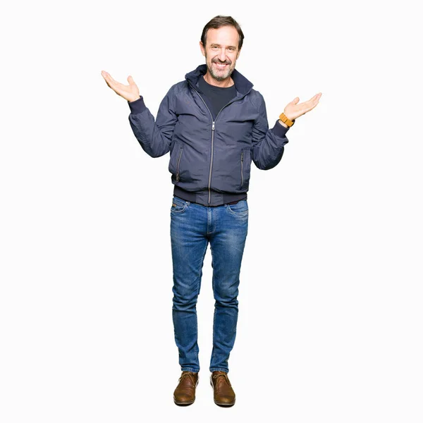 Middle Age Handsome Man Wearing Jacket Smiling Showing Both Hands — Stock Photo, Image