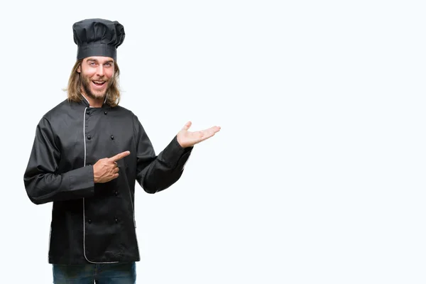 Young Handsome Cook Man Long Hair Isolated Background Amazed Smiling — Stock Photo, Image