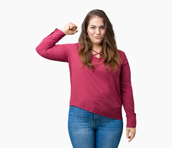 Mooie Grootte Jonge Vrouw Sterke Persoon Geïsoleerde Achtergrond Weergegeven Arm — Stockfoto