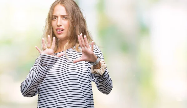 Beautiful Young Blonde Woman Wearing Stripes Sweater Isolated Background Afraid — Stock Photo, Image