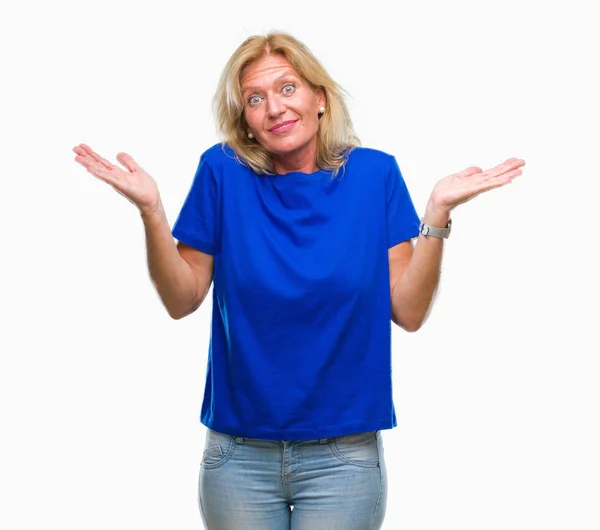 Middle Age Blonde Woman Isolated Background Clueless Confused Expression Arms — Stock Photo, Image