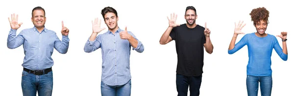 Collage Grupo Jóvenes Personas Mediana Edad Mostrando Apuntando Hacia Arriba —  Fotos de Stock