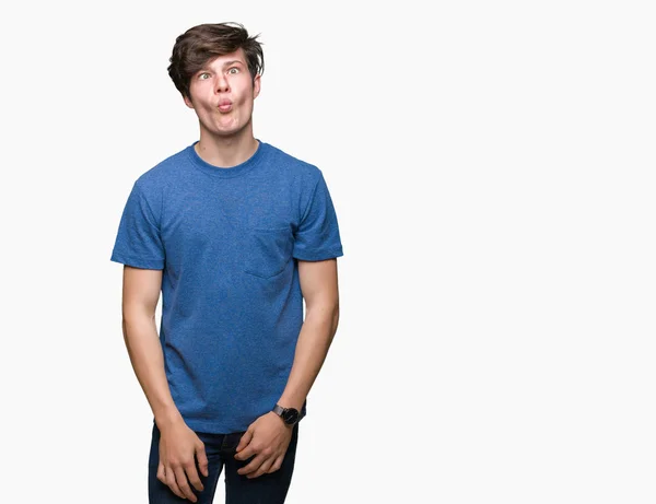 Homem Bonito Jovem Vestindo Camiseta Azul Sobre Fundo Isolado Fazendo — Fotografia de Stock