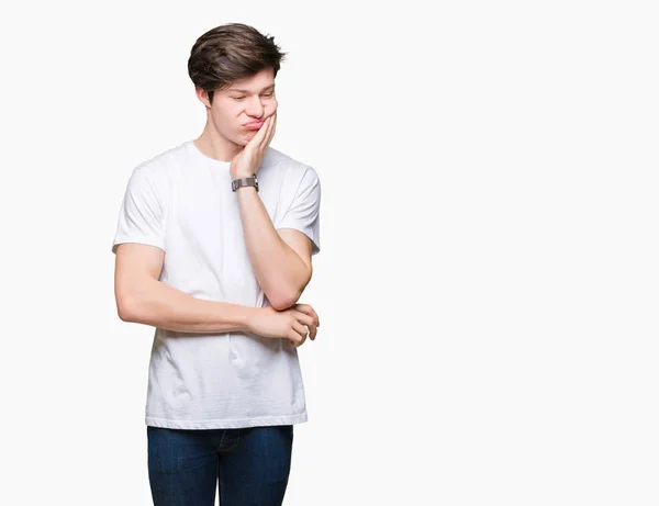 Jovem Bonito Homem Vestindo Casual Branco Shirt Sobre Isolado Fundo — Fotografia de Stock