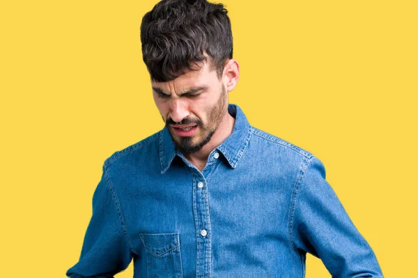 Joven Hombre Guapo Sobre Fondo Aislado Con Mano Estómago Porque — Foto de Stock