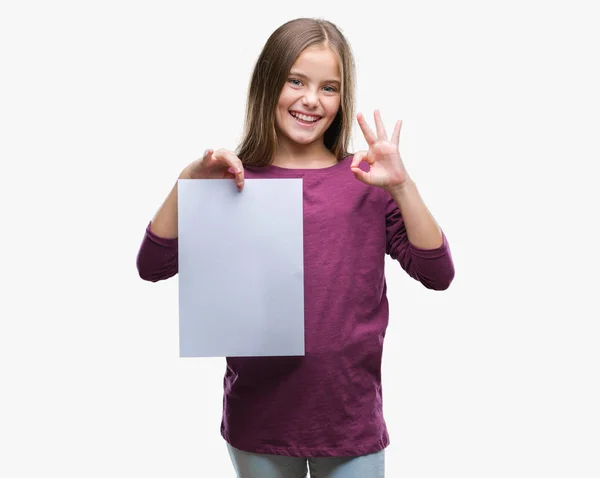 Young Beautiful Girl Holding Blank Sheet Paper Isolated Background Doing — Stock Photo, Image