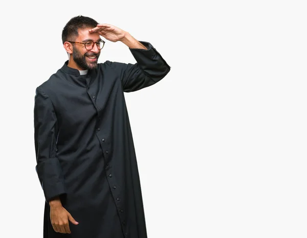 Hombre Sacerdote Católico Hispano Adulto Sobre Fondo Aislado Muy Feliz —  Fotos de Stock