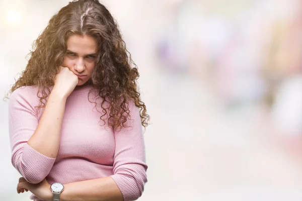 Schöne Brünette Lockige Haare Junges Mädchen Trägt Rosa Pullover Über — Stockfoto