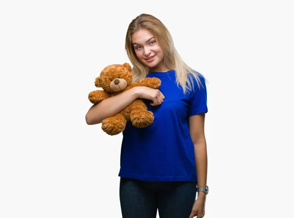 Mladá Kavkazský Žena Držící Roztomilý Medvídek Izolované Pozadí Šťastný Obličej — Stock fotografie