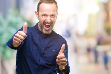 Orta yaş ağarmış komuta sizde el ile pozitif jest yapıyor onaylama izole arka plan üzerinde başparmak gülümseyen ve başarı için mutlu. Kamera, kazanan jest arıyorsunuz.