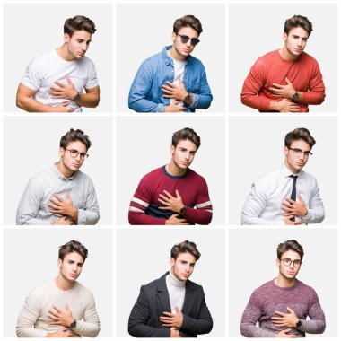 Genç yakışıklı iş adam kolaj izole mide üzerinde el ile arka plan çünkü hazımsızlık, ağrılı hastalık hasta hissediyor. Ağrısı kavramı.