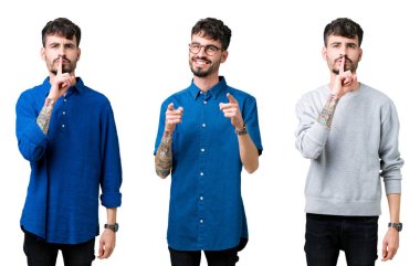 Dudaklarında parmak ile sessiz olmanı izole arka plan üzerinde genç adam kolaj. Sessizlik ve gizli kavramı.