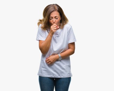 Orta yaş üst düzey İspanyol kadın hasta ve soğuk veya bronşit için semptom olarak öksürük duygu izole arka plan yüzünden. Sağlık kavramı.