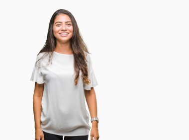 İzole arka plan ile bir mutlu ve güzel genç güzel Arap kadın yüzündeki gülümseme. Şanslı kişi.