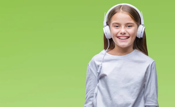 Menina Bonita Nova Usando Fones Ouvido Ouvindo Música Sobre Fundo — Fotografia de Stock