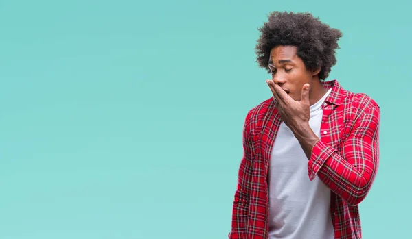 Afro American Man Isolated Background Bored Yawning Tired Covering Mouth — Stock Photo, Image