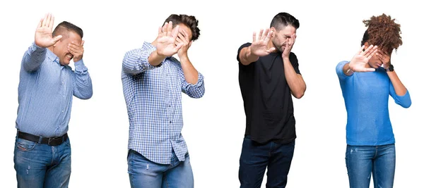 Collage Gruppo Persone Giovani Mezza Età Che Coprono Gli Occhi — Foto Stock