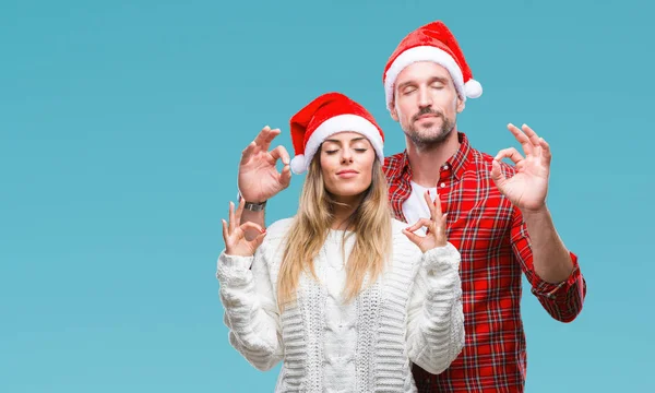 Young Couple Love Wearing Christmas Hat Isolated Background Relax Smiling — Stock Photo, Image