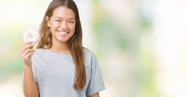 Junge Schöne Frau Isst Rosa Donut Über Isoliertem Hintergrund Mit — Stockfoto