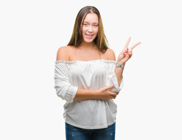Young Caucasian Beautiful Woman Isolated Background Smiling Happy Face Winking — Stock Photo, Image